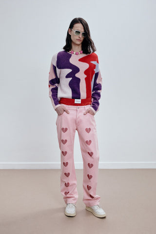 CRYSTAL-EMBELLISHED STRAIGHT-LEG JEANS IN ACID-WASH DENIM