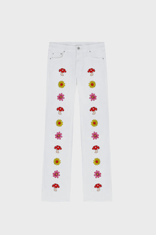 FLORAL-EMBROIDERED STRAIGHT-LEG JEANS IN RAW DENIM