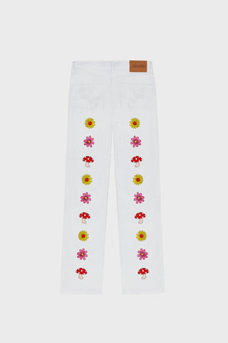 FLORAL-EMBROIDERED STRAIGHT-LEG JEANS IN RAW DENIM