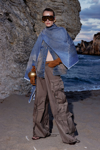 DOUBLE-ARMHOLE OVERSIZED JACKET IN SAND-WASHED DENIM