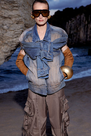 DOUBLE-ARMHOLE OVERSIZED JACKET IN SAND-WASHED DENIM