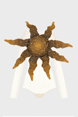 HAND-KNIT EMBELLISHED BODYSUIT IN MESH