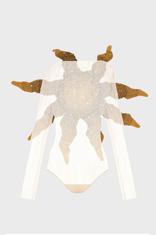 HAND-KNIT EMBELLISHED BODYSUIT IN MESH