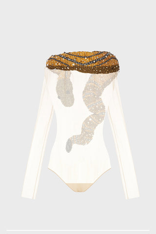 HAND-KNIT EMBELLISHED BODYSUIT IN MESH