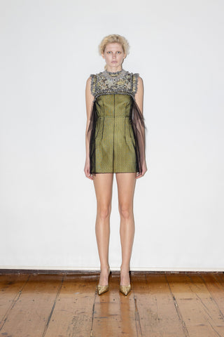 HAND-EMBELLISHED MINI DRESS IN BROCADE AND SATIN