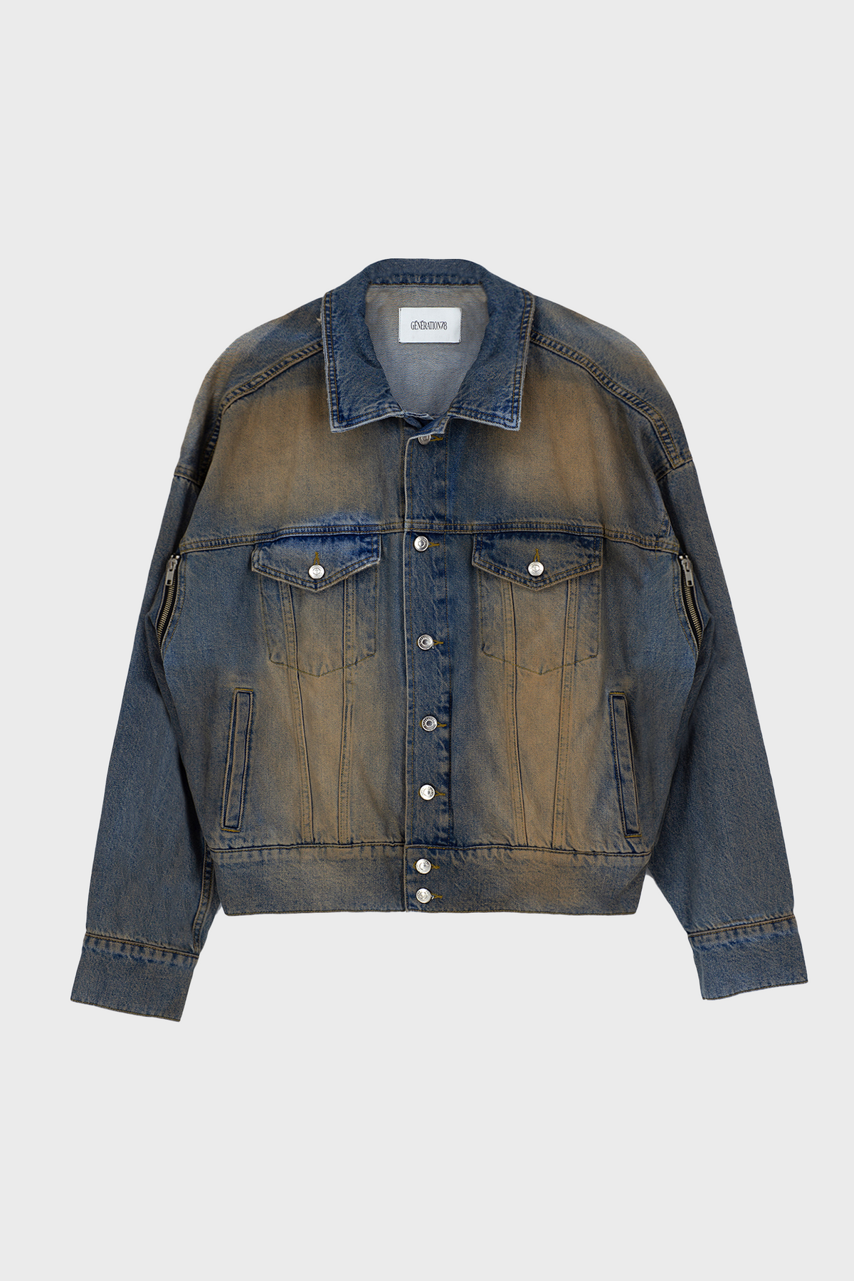 DOUBLE-ARMHOLE OVERSIZED JACKET IN SAND-WASHED DENIM