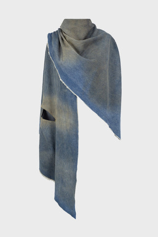 DISTRESSED CAPE IN SAND-WASHED DENIM