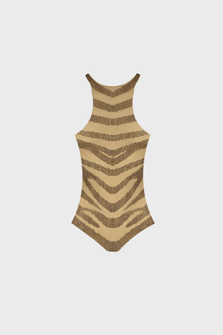 CRYSTAL-EMBELLISHED BODYSUIT IN MESH