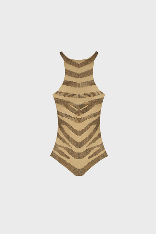 CRYSTAL-EMBELLISHED BODYSUIT IN MESH