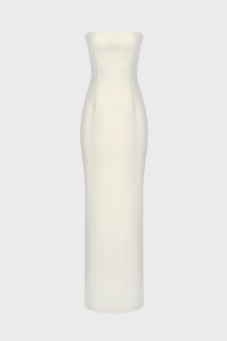 STRAPLESS TAILORED MIDI DRESS IN SILK-BLEND WOOL