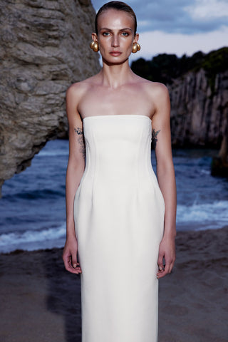 STRAPLESS TAILORED MIDI DRESS IN SILK-BLEND WOOL