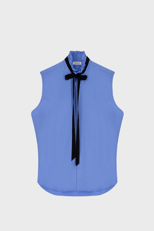 TAILORED RUFFLED-NECK SHIRT IN COTTON-SATIN