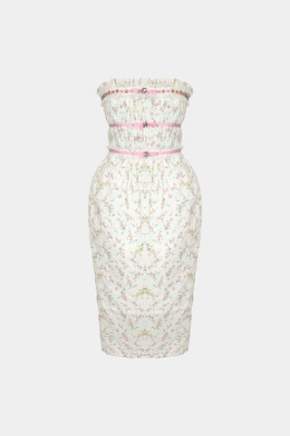 HAND-EMBELLISHED MIDI DRESS IN PRINTED-COTTON
