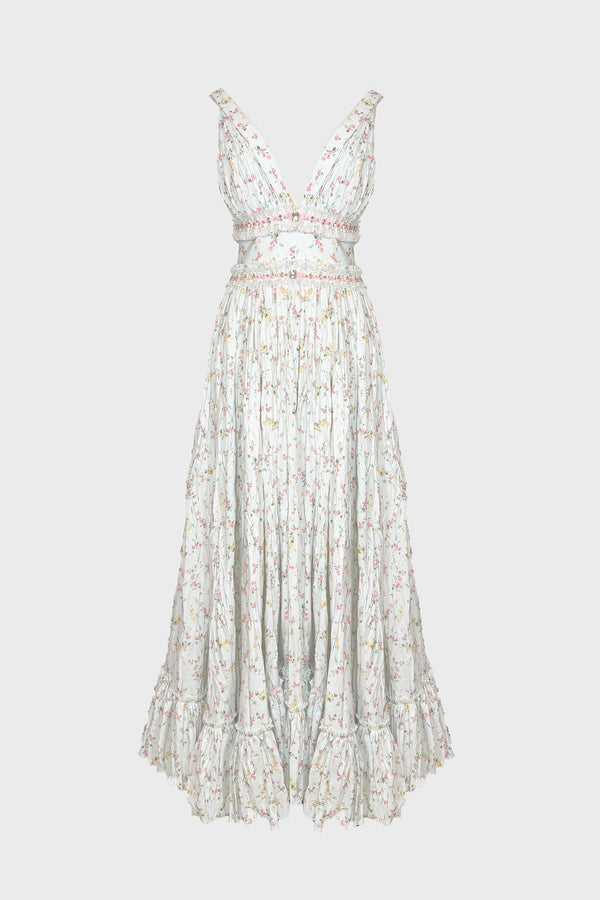 V-NECK MAXI DRESS IN PRINTED-COTTON