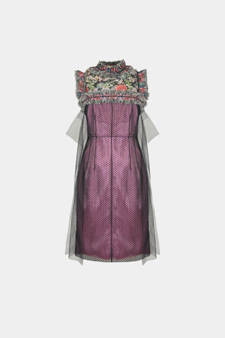 HAND-EMBELLISHED MIDI DRESS IN BROCADE AND SATIN