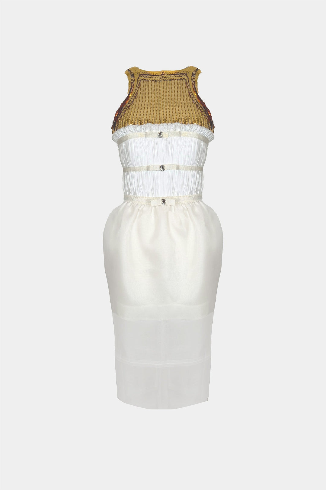 HAND-EMBELLISHED MIDI DRESS IN COTTON-POPLIN AND SILK-ORGANZA