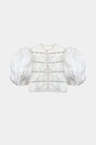 HAND-EMBELLISHED PUFF-SLEEVE JACKET IN HAND-CRUSHED SATIN