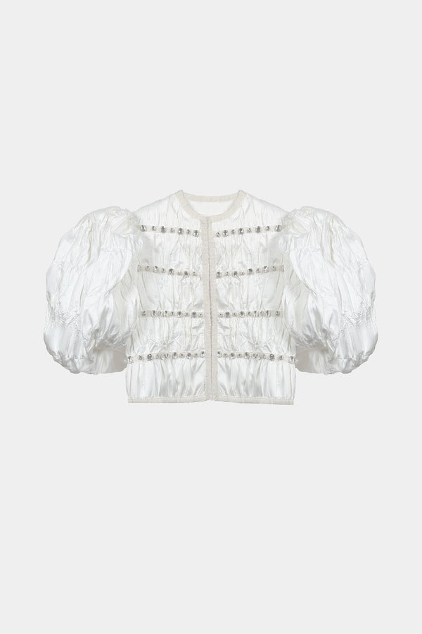 HAND-EMBELLISHED PUFF-SLEEVE JACKET IN HAND-CRUSHED SATIN