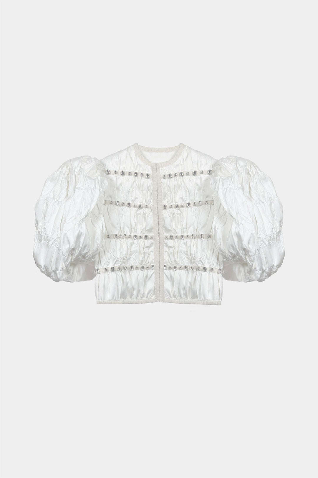 HAND-EMBELLISHED PUFF-SLEEVE JACKET IN HAND-CRUSHED SATIN