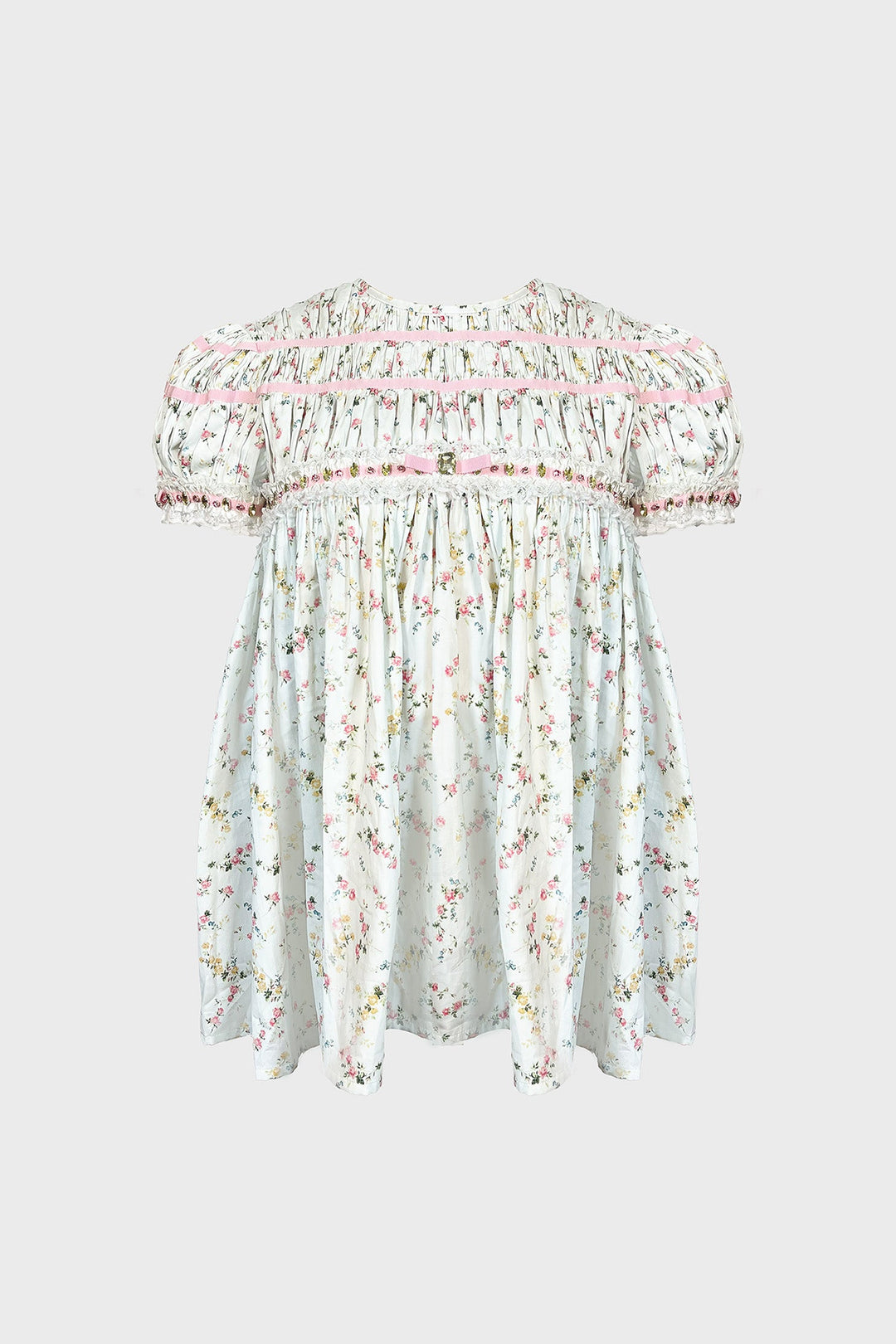 HAND-EMBELLISHED PUFF-SLEEVE TOP IN PRINTED-COTTON