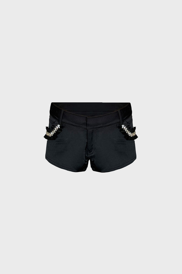 HAND-EMBELLISHED MINI SHORTS IN SATIN