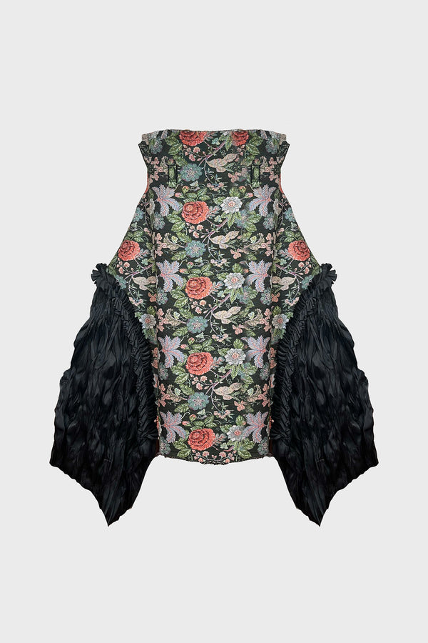 TAILORED PANELED SKIRT IN BROCADE AND SATIN