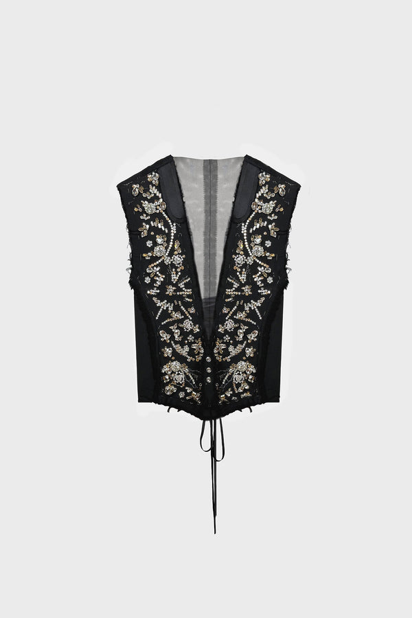 HAND-EMBROIDERED LACE-UP VEST IN WOOL