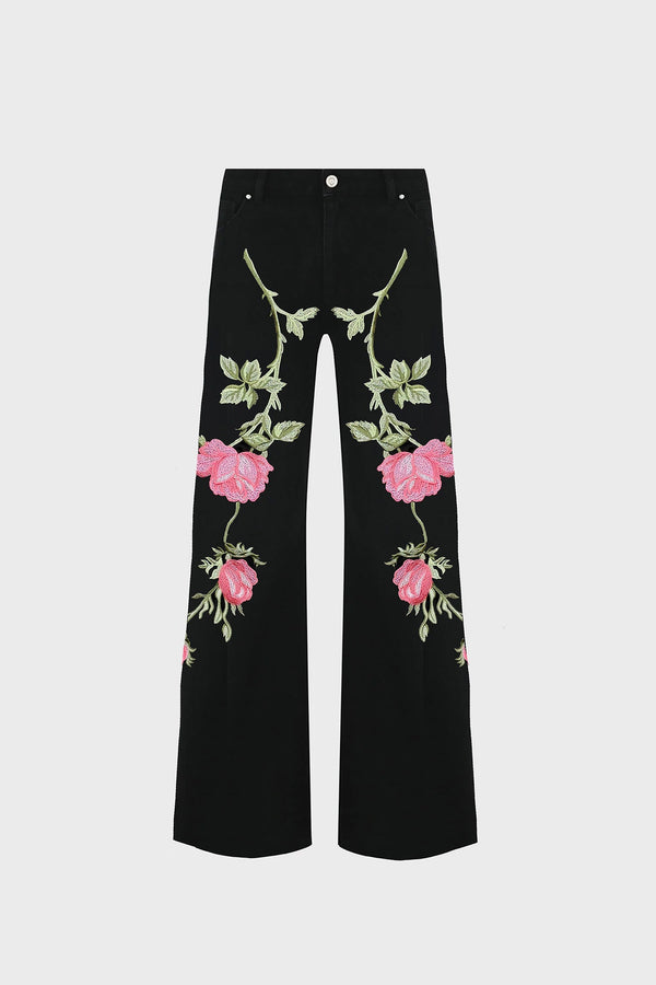 EMBROIDERED WIDE-LEG PANTS IN RAW-DENIM