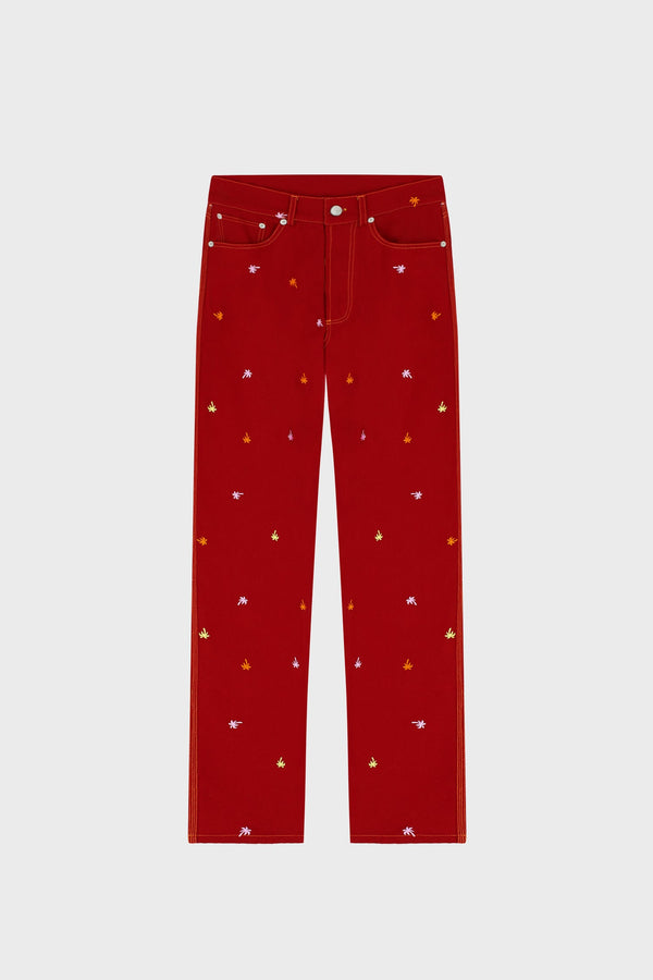 PALM EMBROIDERED STRAIGHT-LEG PANTS