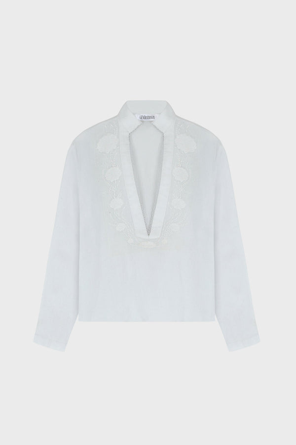 SEASHELL EMBROIDERED V-NECK SHIRT IN COTTON