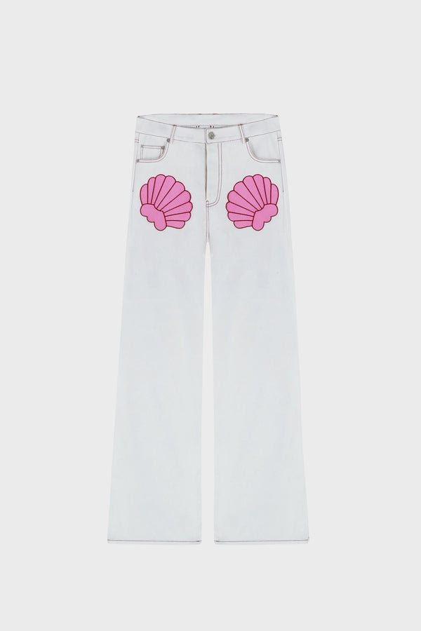 SEASHELL EMBROIDERED WIDE-LEG PANTS
